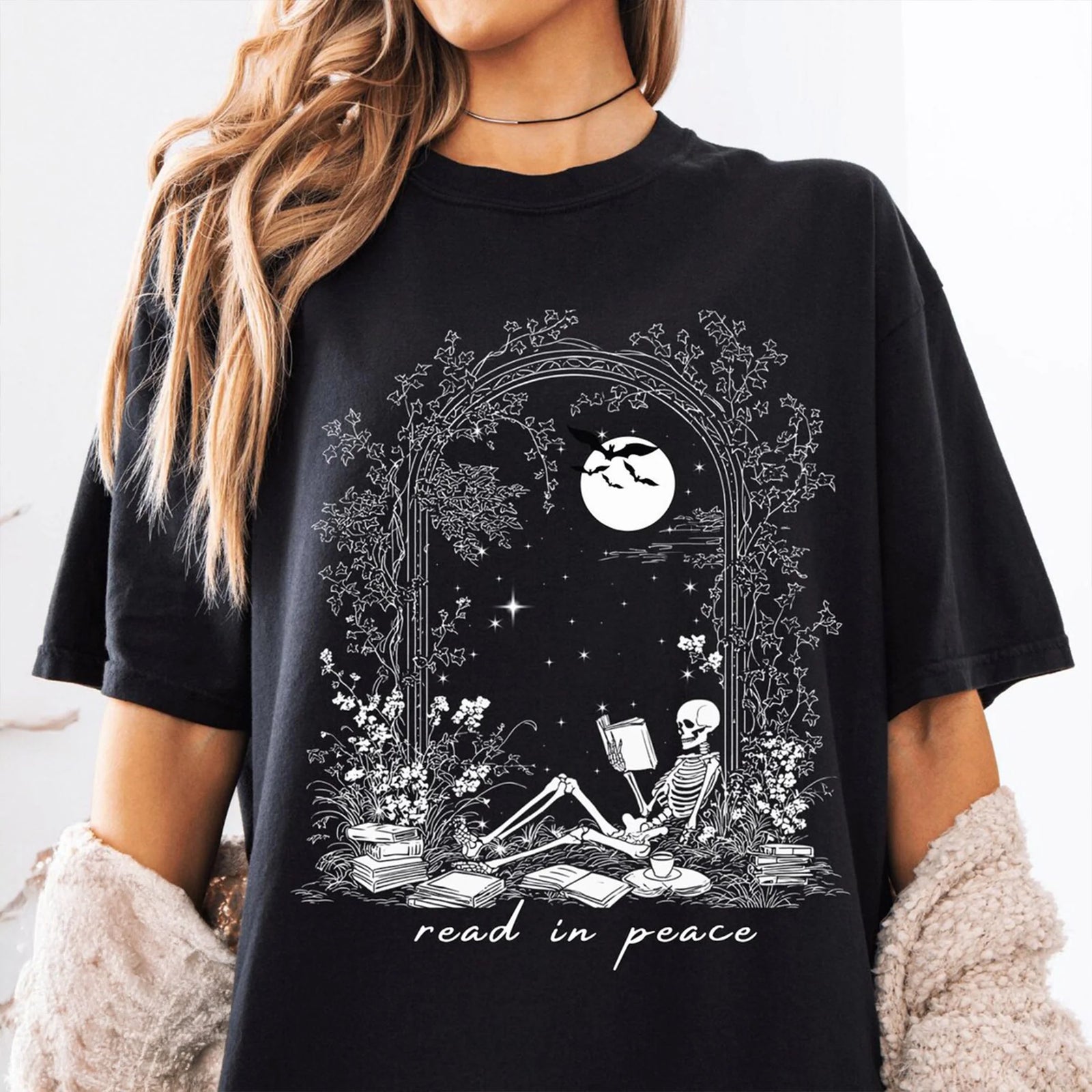 Read in Peace T-Shirt Comfort Colors, Skeleton Book Shirt, Funny Reading T-Shirt, Gift For Bookworm, Bookish Halloween Tee, Book Lover Gift