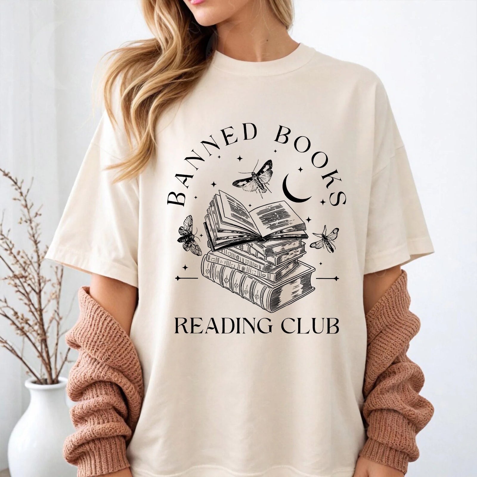 Comfort Colors Banned Book Reading Club T-Shirt, Bookish Celestial Freedom to Read Shirt, Minimalist Moth and Book Book Lover Bookcore Gift