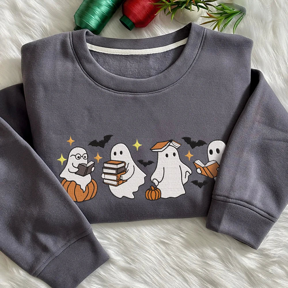 Embroidered Ghost Book Sweatshirt, Ghost Reading Books Sweatshirt, Fall Book Club Crewneck, Book Lover sweatshirt, Cute Halloween shirt