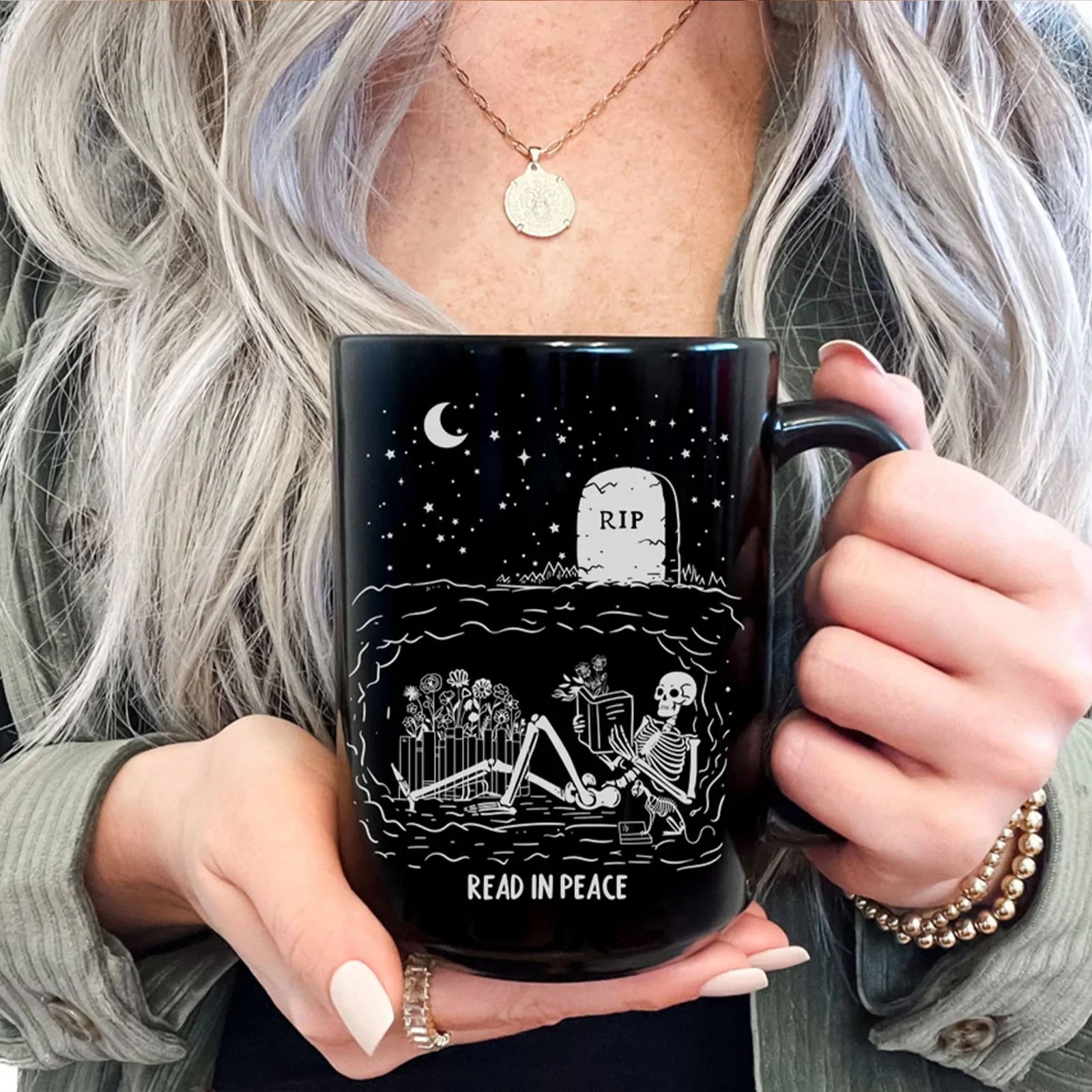 Funny Book Lover Mug, Gift For Reader, Skeleton bookish Gift, Coworker Gift, Read in Peace Mug, Gift For Bookworm, Librarian Coffee Mug