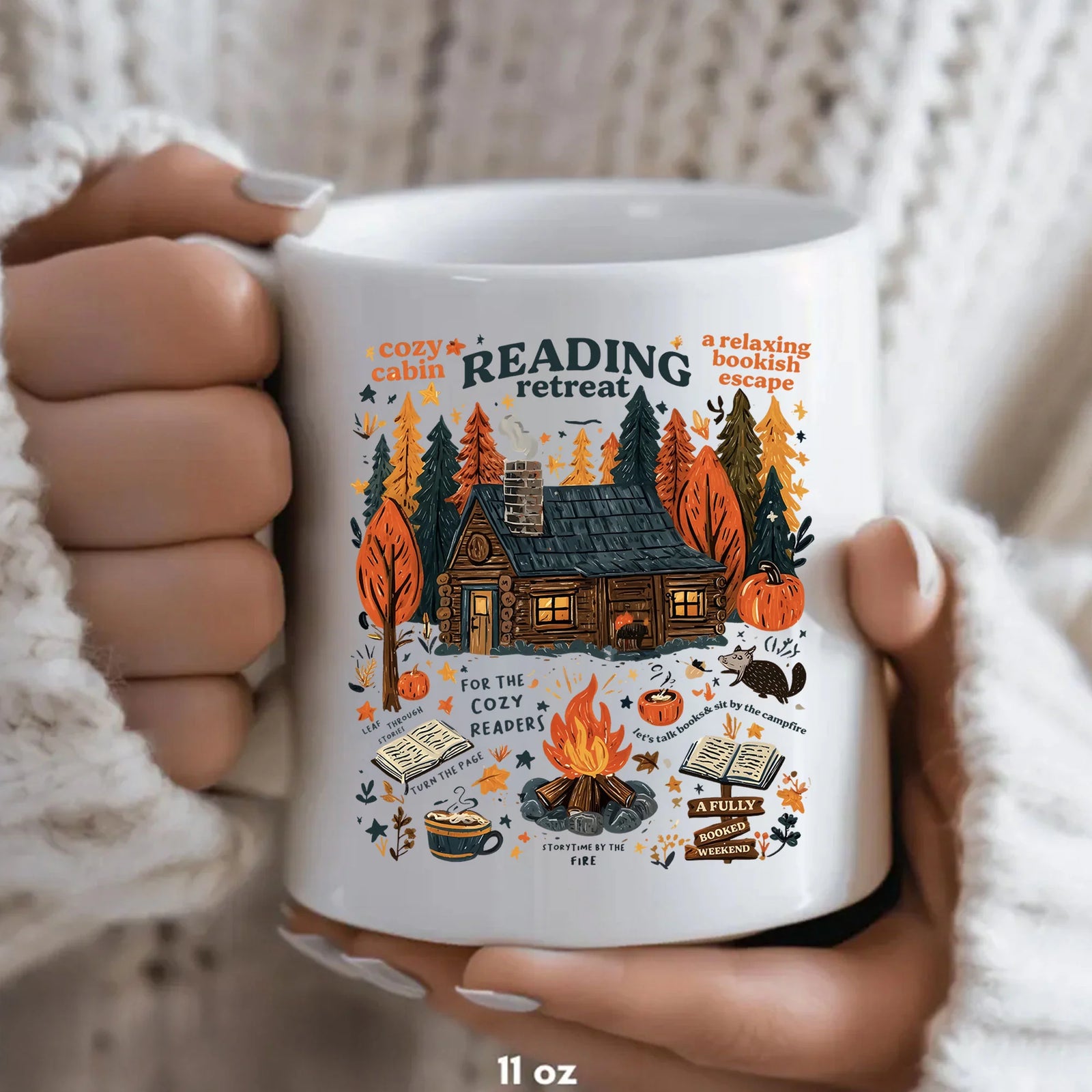 Reading mug | Cozy cabin reading mug | Fall mug | Bookish mug | Autumn cozy | Halloween cup | Coffee mug | Coffee cup | Fall books | Gift