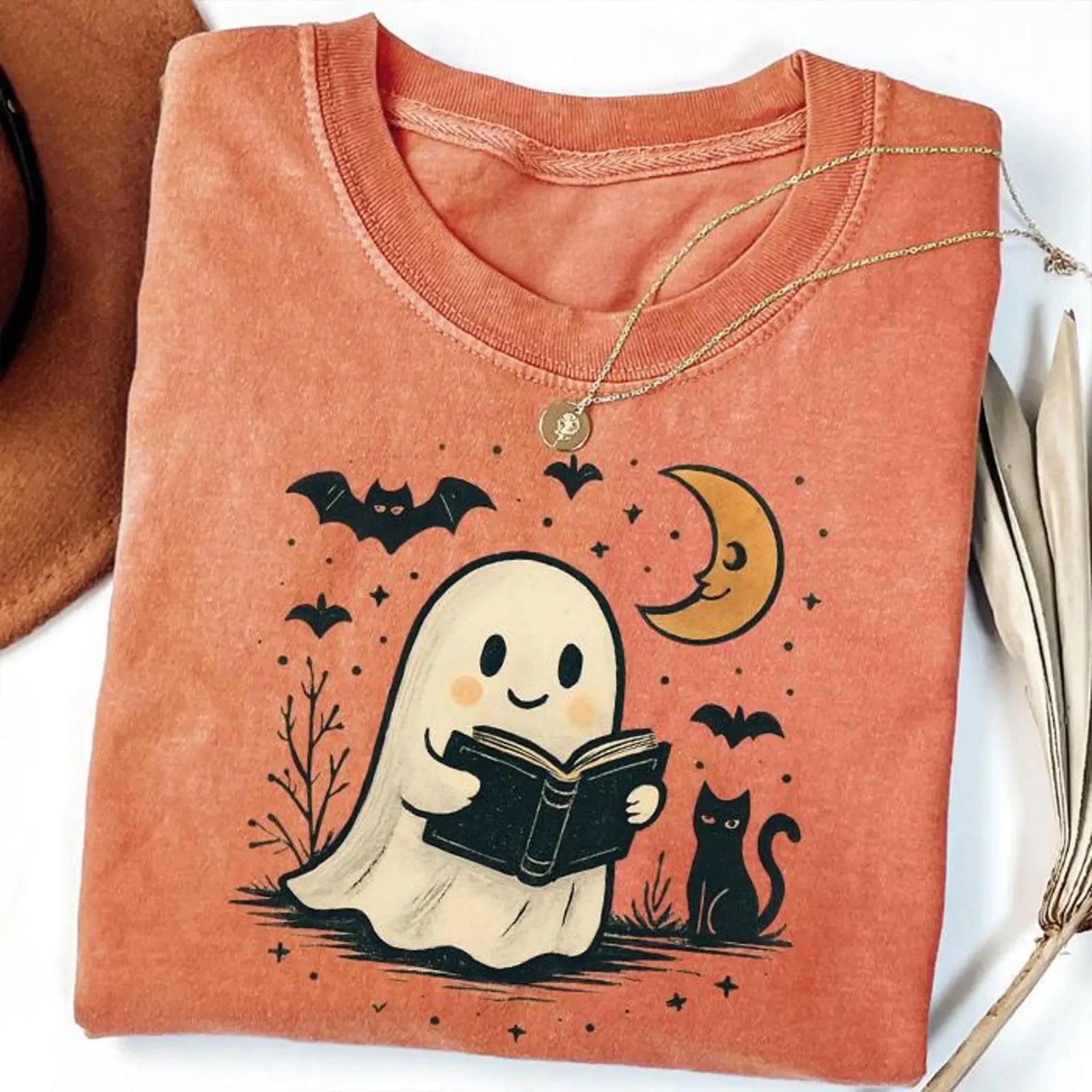 Halloween Ghost Reading A Book With Black Cat Comfort Colors T-Shirt For Her Book Lover Cat Ghost Tee Spooky Fall Cute Apparel Fall Book Lover