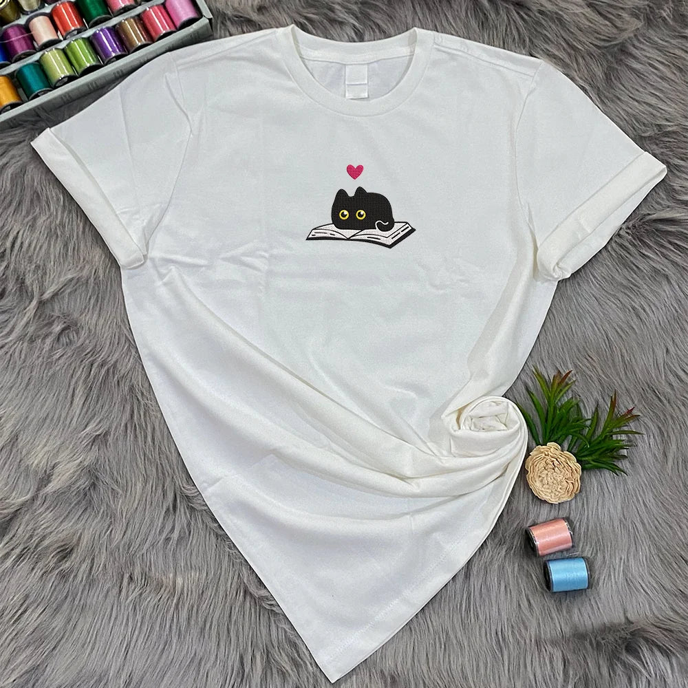 Black Cat and Book Embroidered Comfort Colors Tee, Gift for Readers, Kitten Reading Shirt, Crewneck Cozy Book Club T-Shirts for Fall Gifts