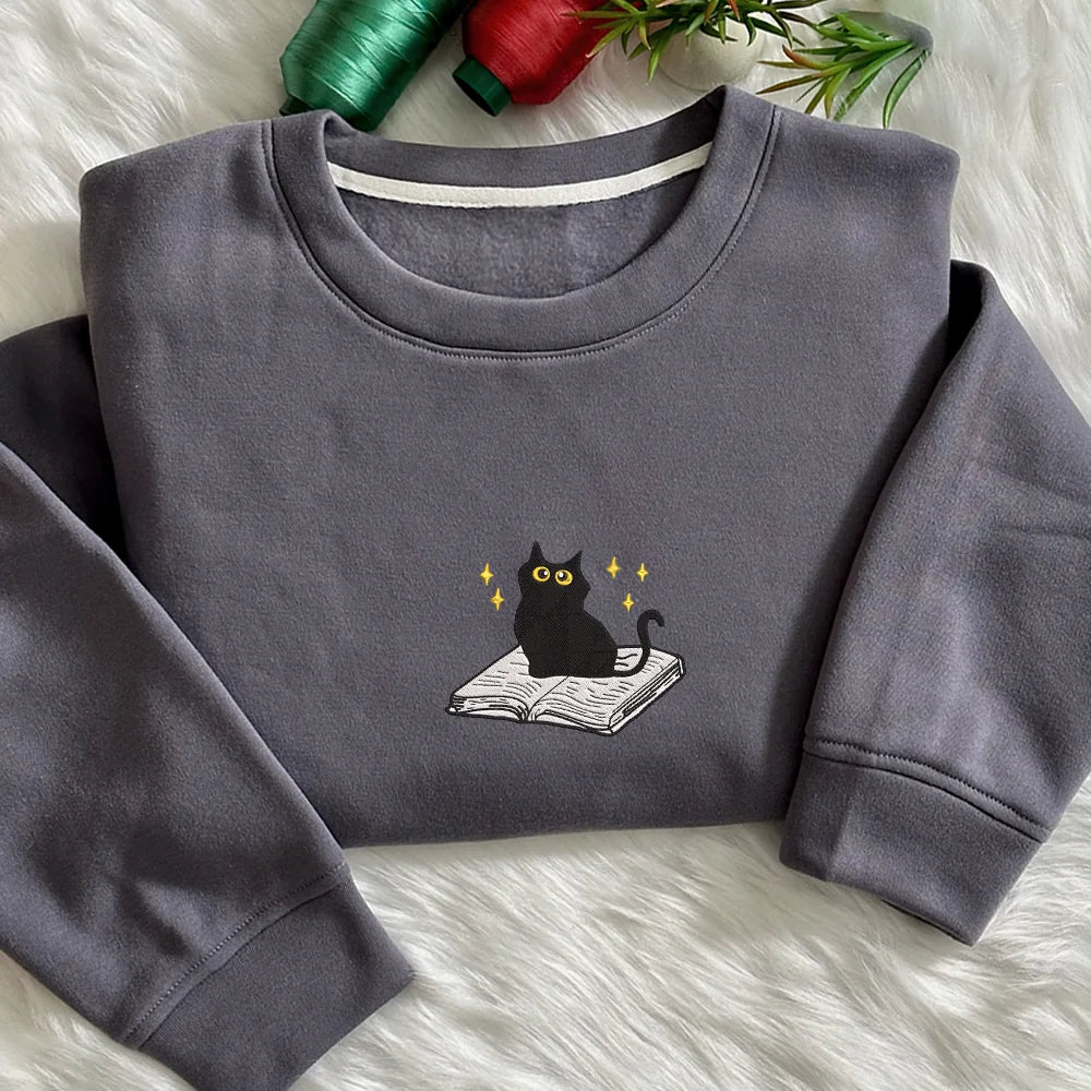 Embroidered Black Cat Book Crewneck Sweatshirt, Gift for Book Lovers, Reader Gifts, Book Club, Kitty Books Sweatshirt, Cute Unisex Crewneck
