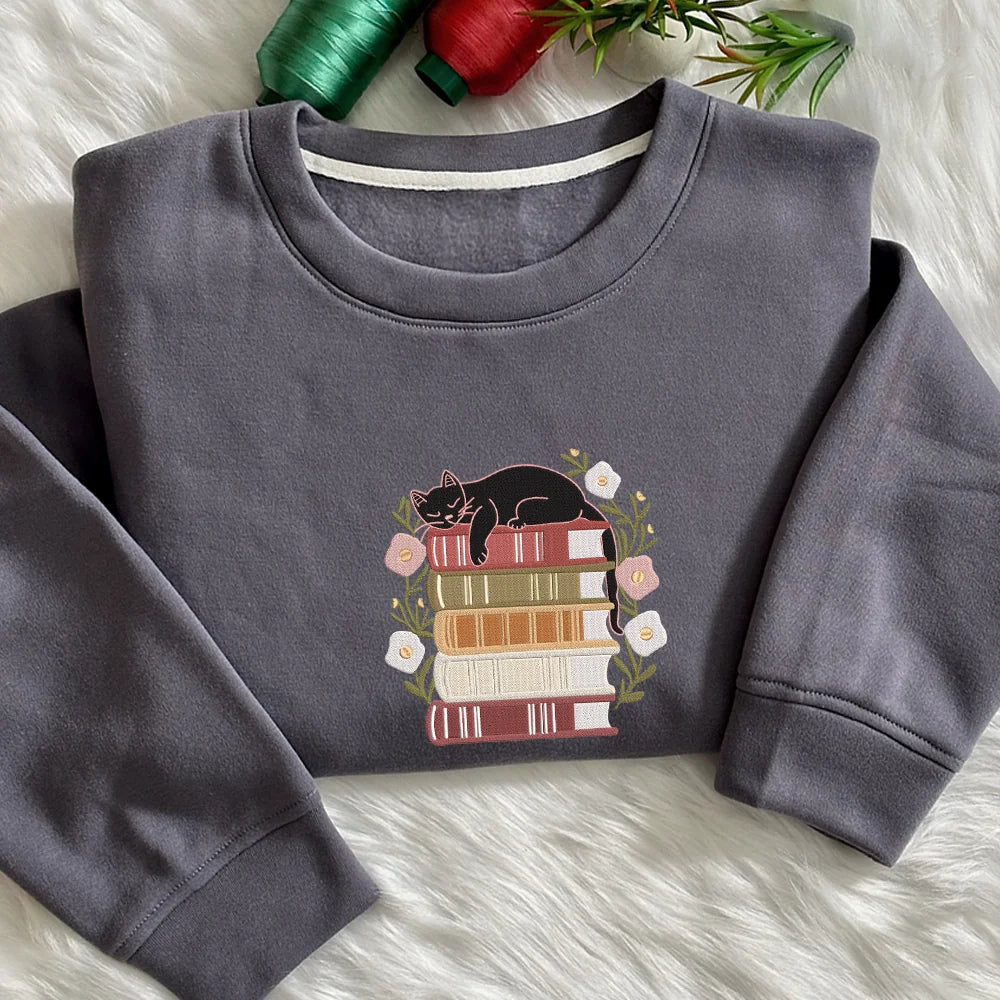 EMBROIDERED Cat on Book Stack Sweatshirt, Bookish Shirt, Black Cat Reader Sweater, Cozy Book Lover Gift, Reading Fall Crewneck,Bookish Shirt