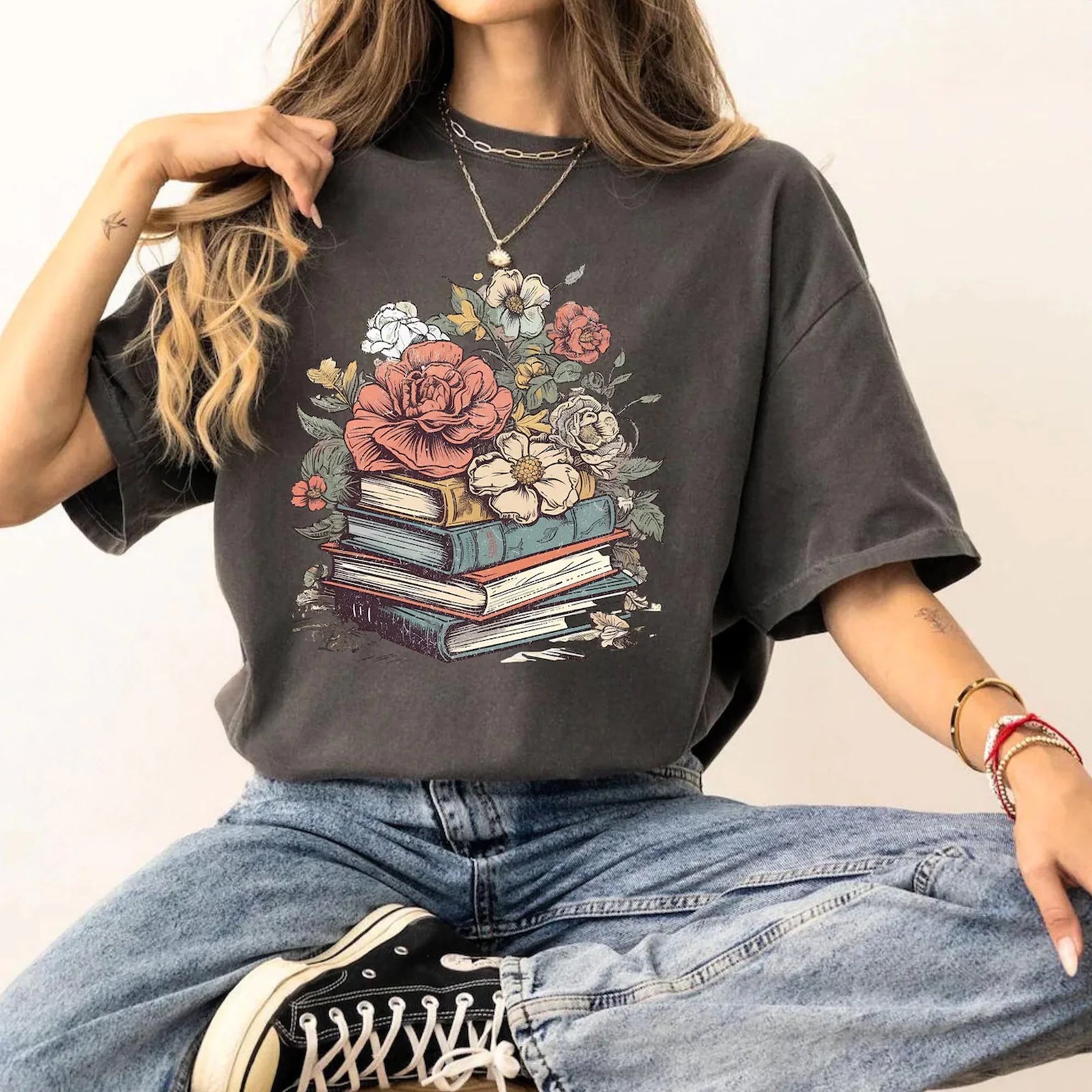 Floral Books Comfort Colors T-Shirt, Book Shirts For Women, Bookish Shirt, Book Club Shirt, Bookworm Shirt, Library Gift, Reading Teacher Tee
