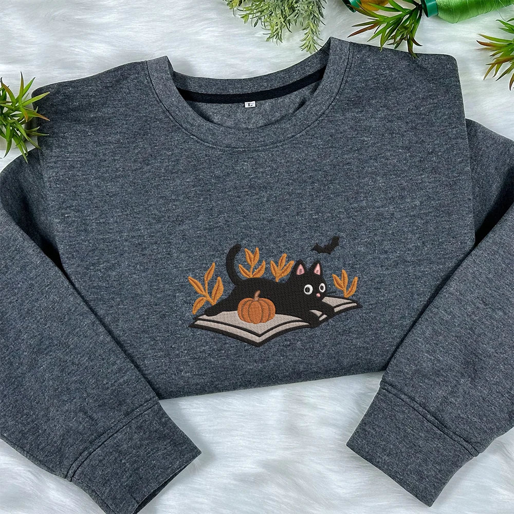Halloween Sweatshirt, Fall sweatshirt, Embroidered Halloween Cat Shirt, Cat sweater, Black Cat Shirt, Book Crewneck, Fall Clothing