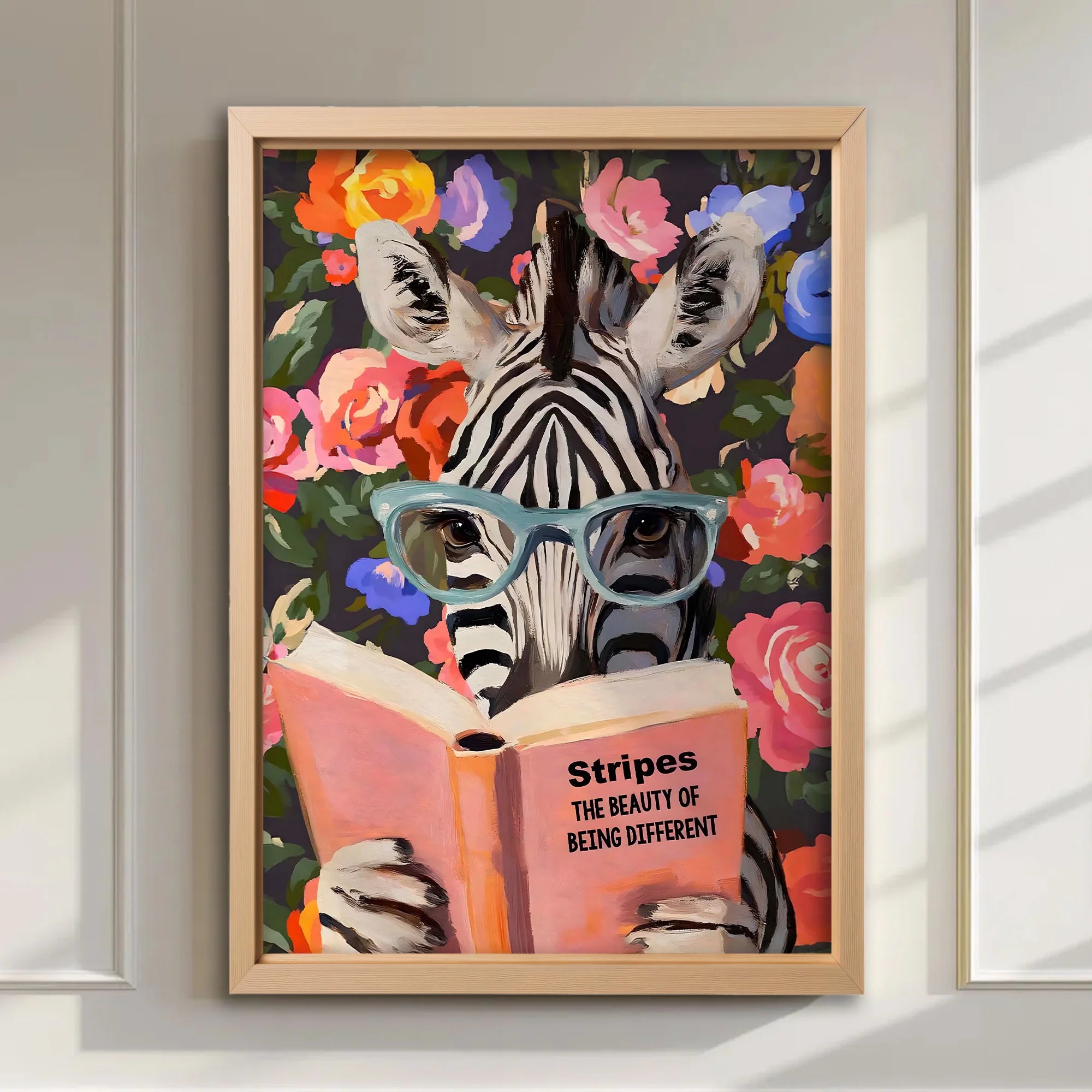 Whimsical Zebra Reading Book Art Print - Literary Animal Wall Decor for Cozy Nooks and Book Lovers