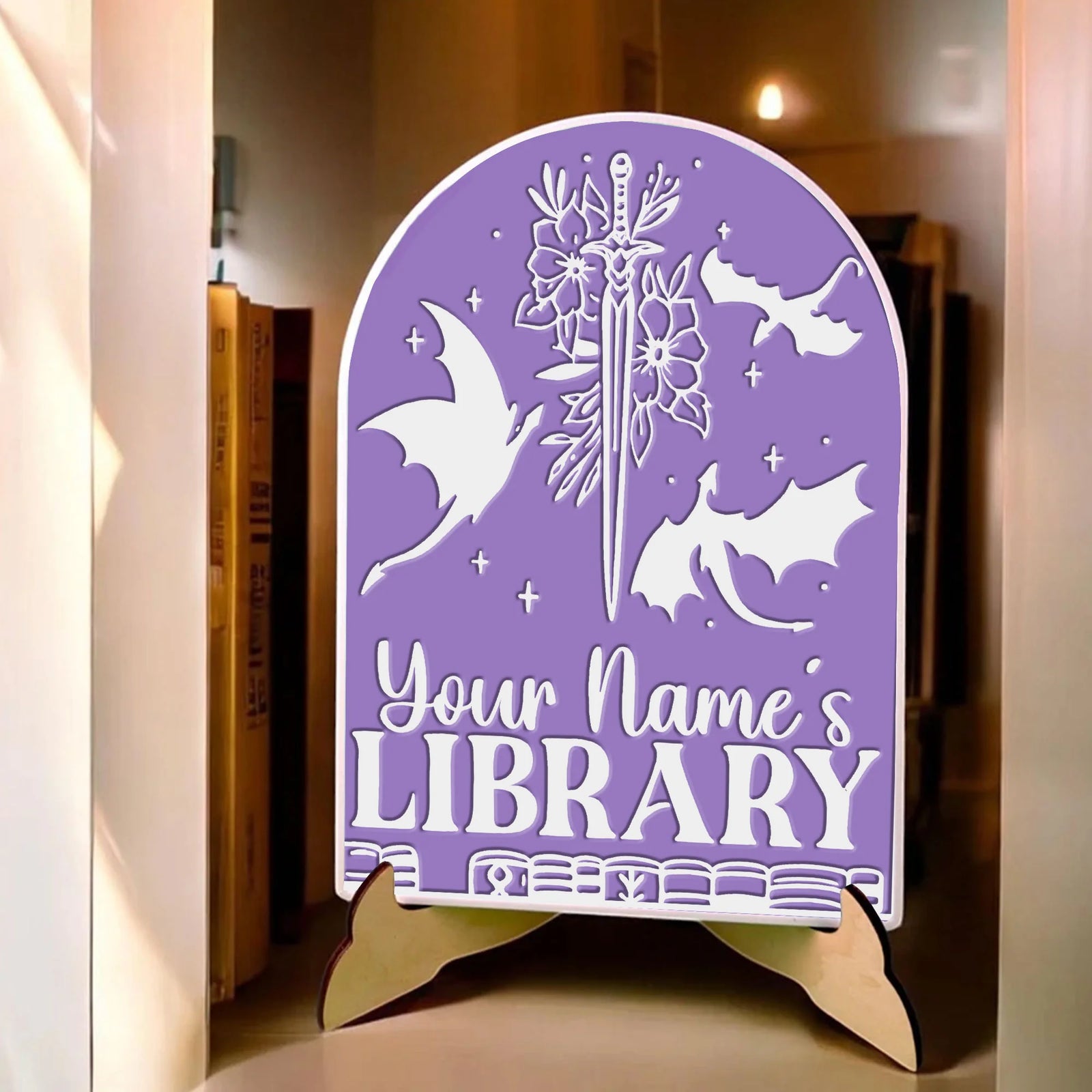 Personalized Dragon Personalized Library Sign Custom Book Decor Printed Bookish Bookshelf Sign for Book Nook with Stand, Book Lover Gift, Reader Gift