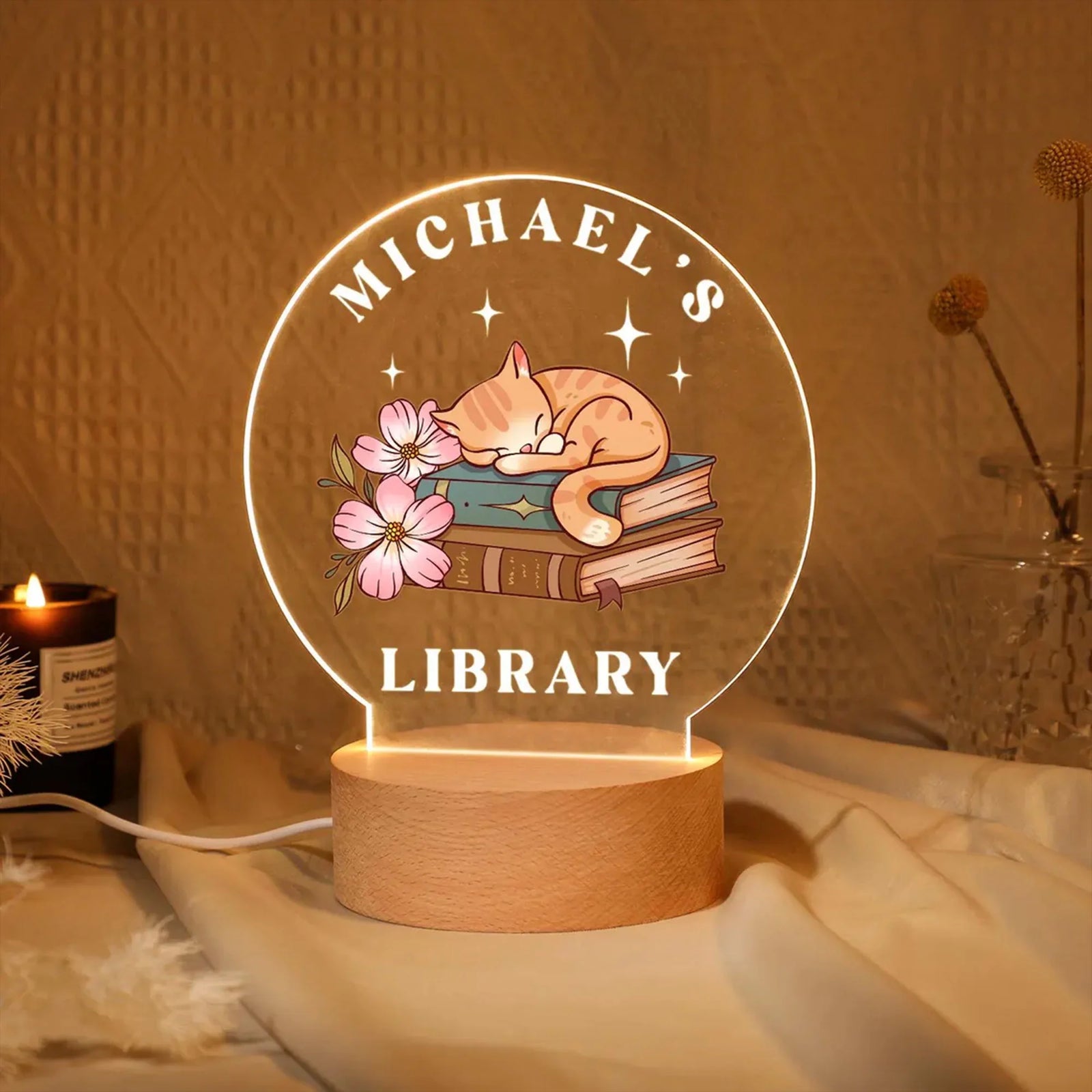 Personalized Library LED Sign, Custom Acrylic Bookshelf Sign, Bookish Home Decor, Gifts for Book Lover, Graduation, Teacher