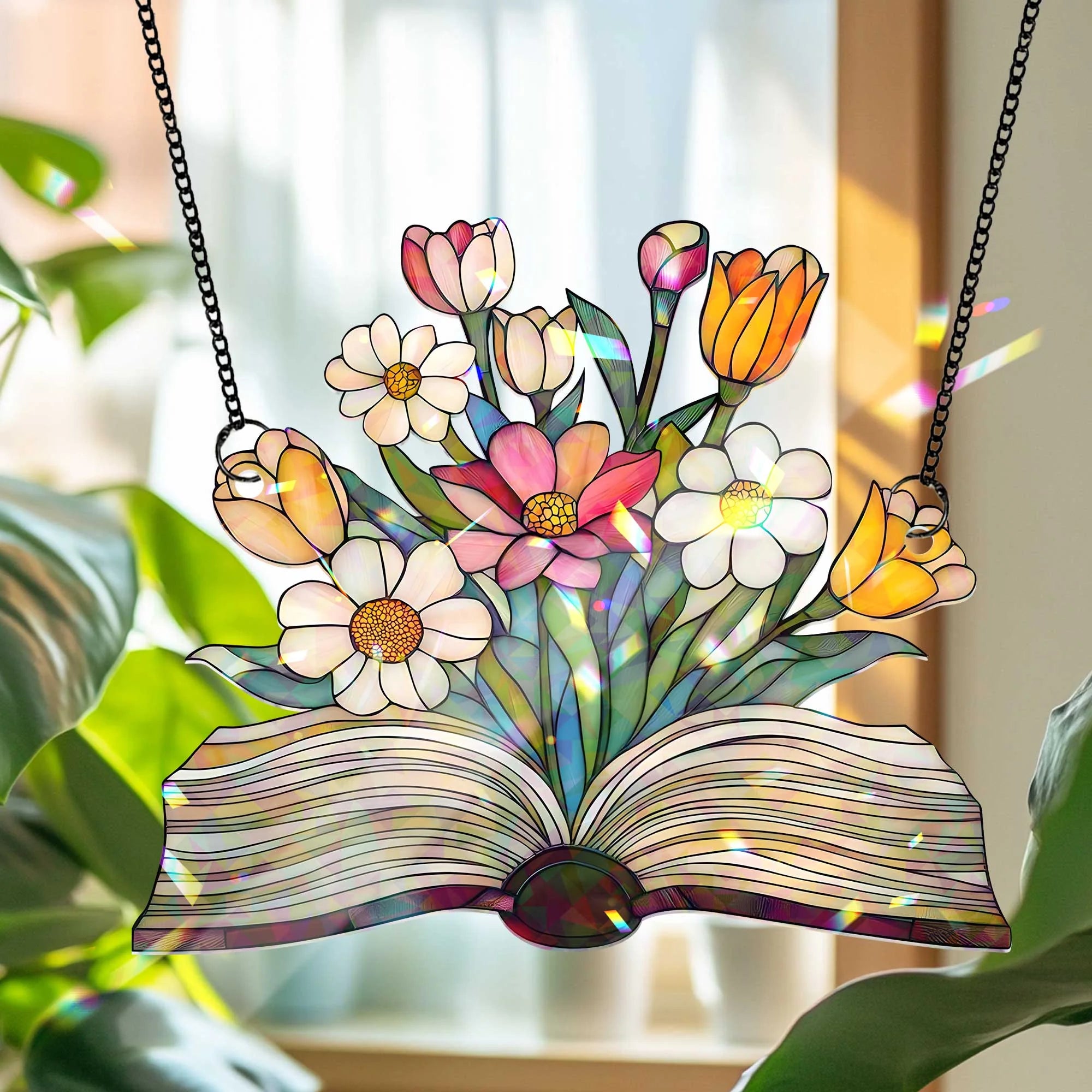 Flower Book Suncatcher, Floral Library Books Glass Hologram Acrylic Art Decor, Book Club Gift, Book Lover Gift, Librarian Gift, Book Decor