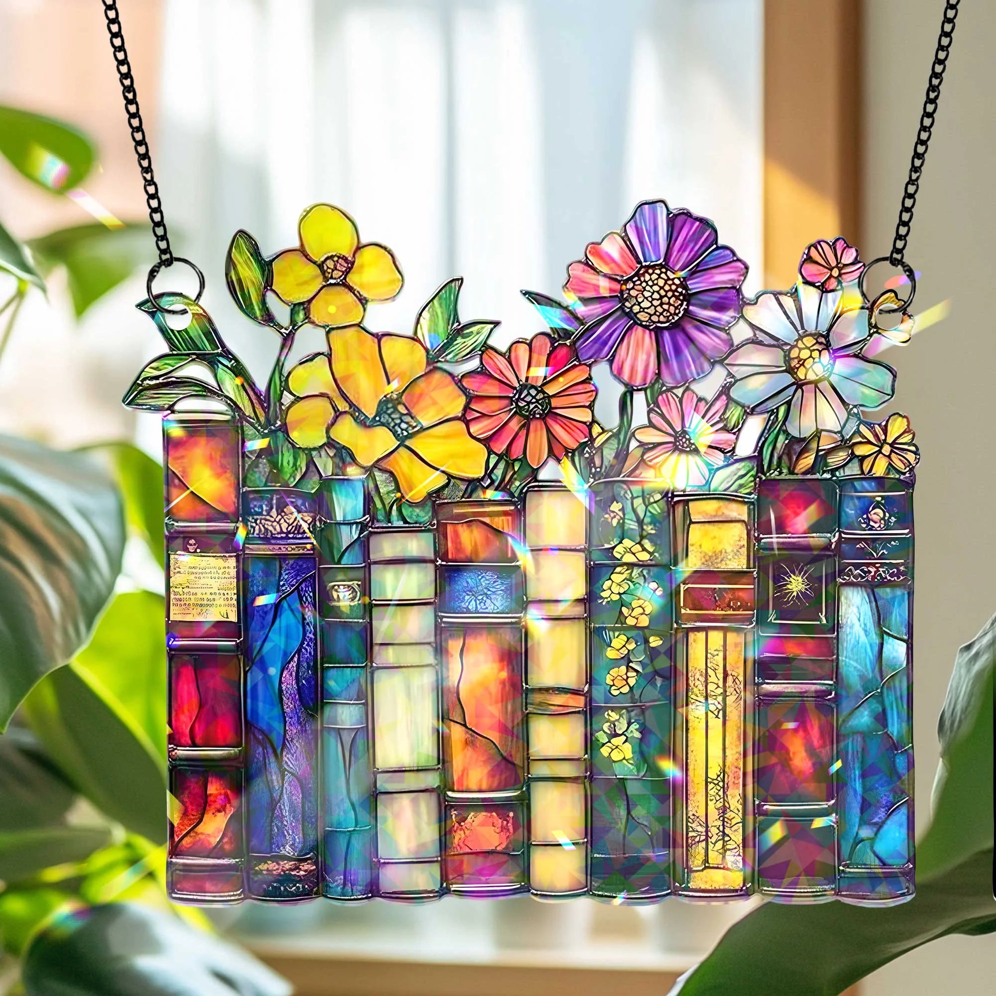 Flower Book Suncatcher Glass Hologram Acrylic, Book Lover Gift, Book Club Gift, Book Lover Suncatcher, Book Reader Gifts, Book Club Ornament