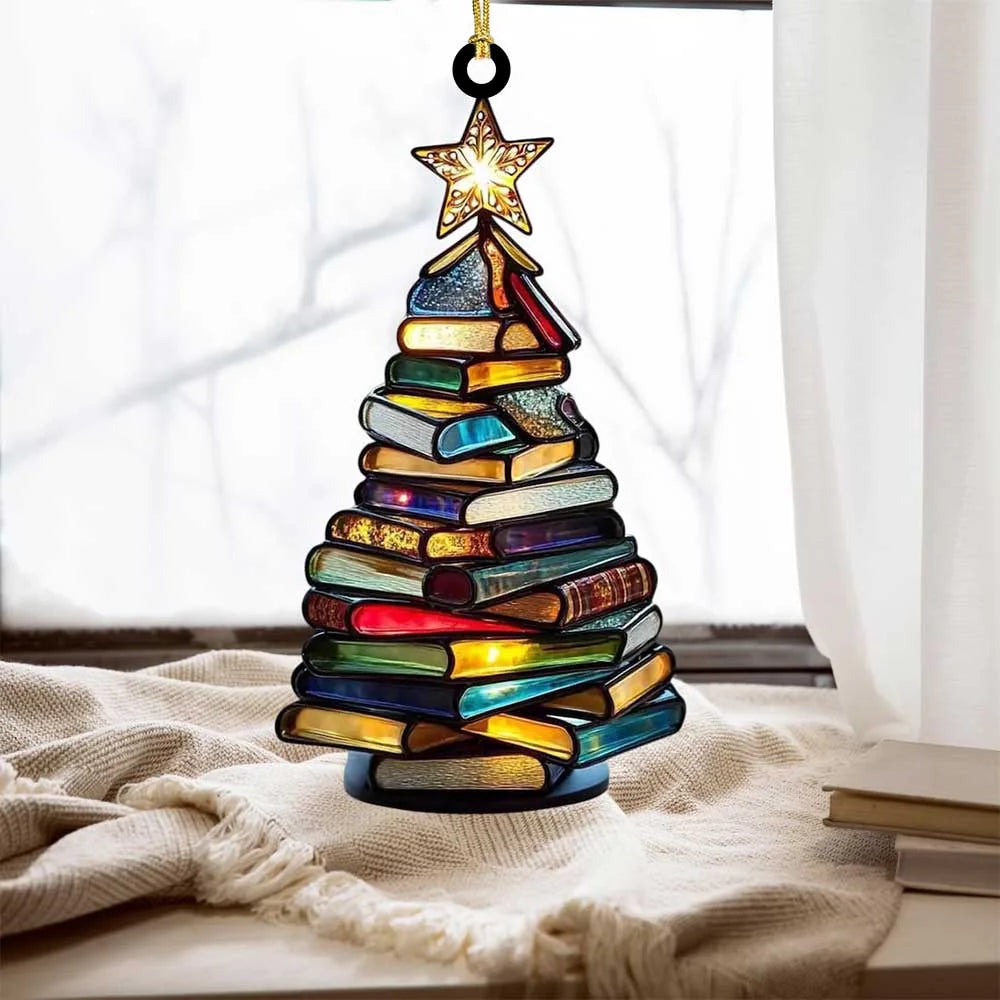 Christmas Book Tree Acrylic Suncatcher Ornament – Book Lover Gift – Bookish Holiday Decor – Librarian Gift – Reading Tree Ornament