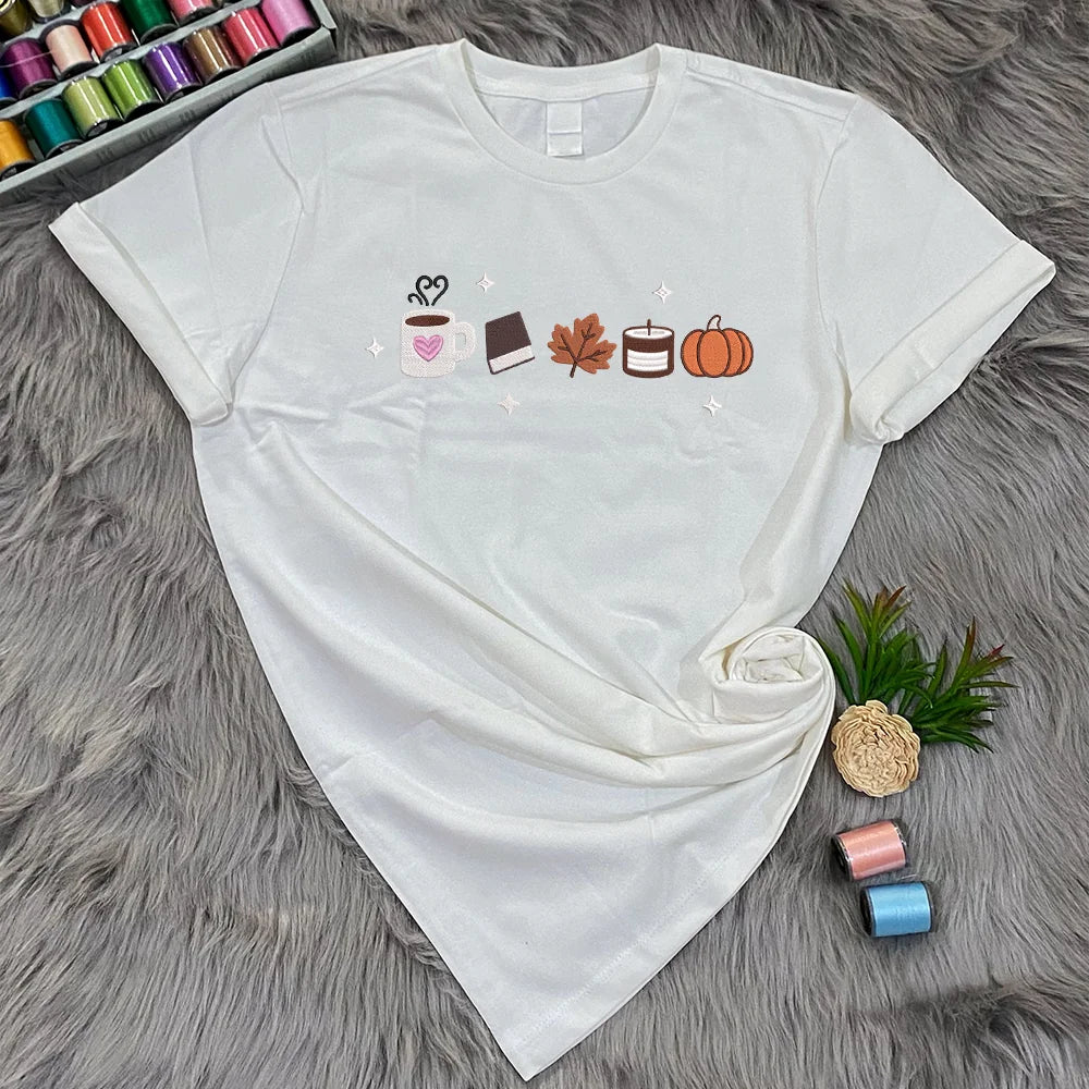 Book Lover Fall Embroidered Shirt, Women's Fall Bookish T-Shirt, Book Lover Gift, Cute Autumn Pumpkin Coffee Shirt, Cozy Fall Shirt