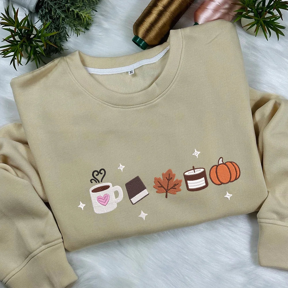 Book Lover Fall Embroidered Sweatshirt, Women's Fall Bookish Sweatshirt, Book Lover Gift, Cute Autumn Pumpkin Coffee Shirt, Cozy Fall Shirt