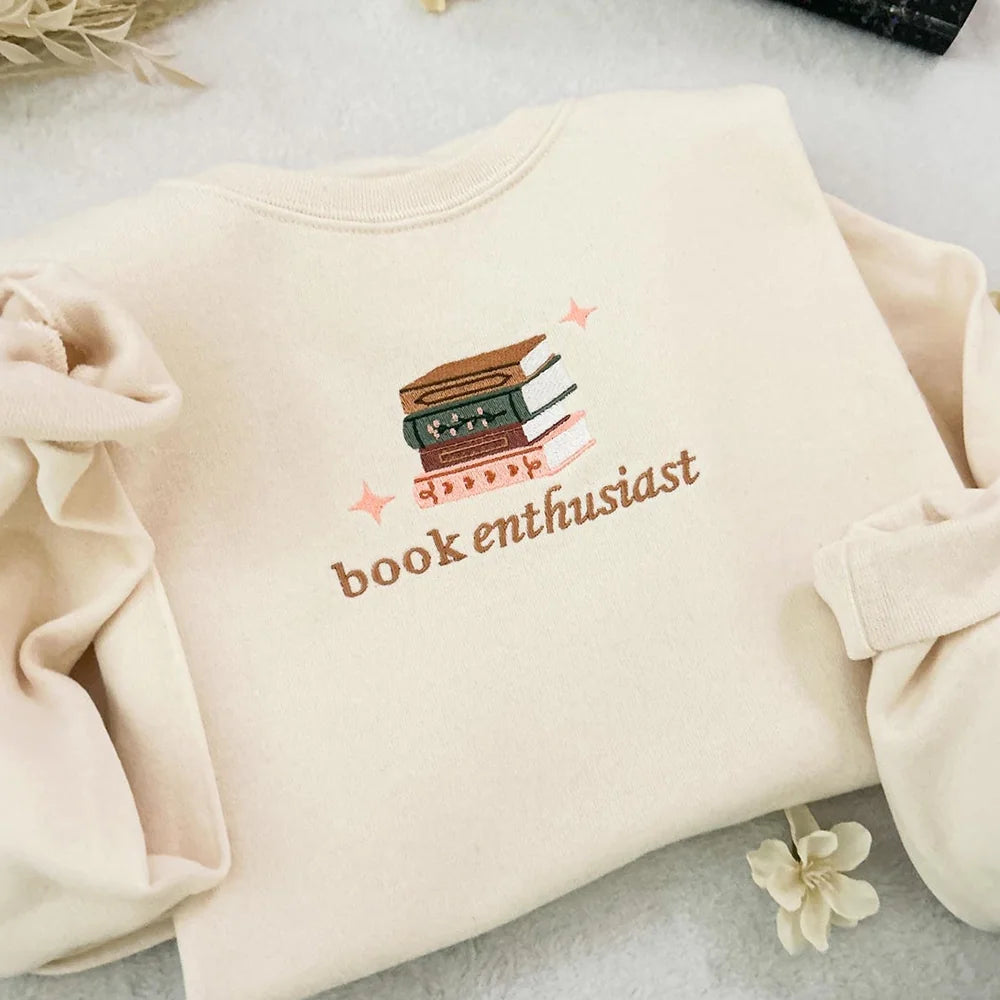 Embroidered Book Enthusiast Sweatshirt, Bookish Sweatshirt, Book Lover Crewneck, Romance Reader, Fall Crewneck, Book Girlie Gift