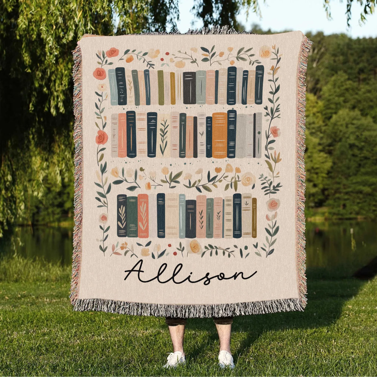 Custom Book Lovers Woven Blanket, Wildflowers Bookish Blanket, Bookshelf Blanket Gift for Bookworm, Gift for Booklover Woven Thow Blanket