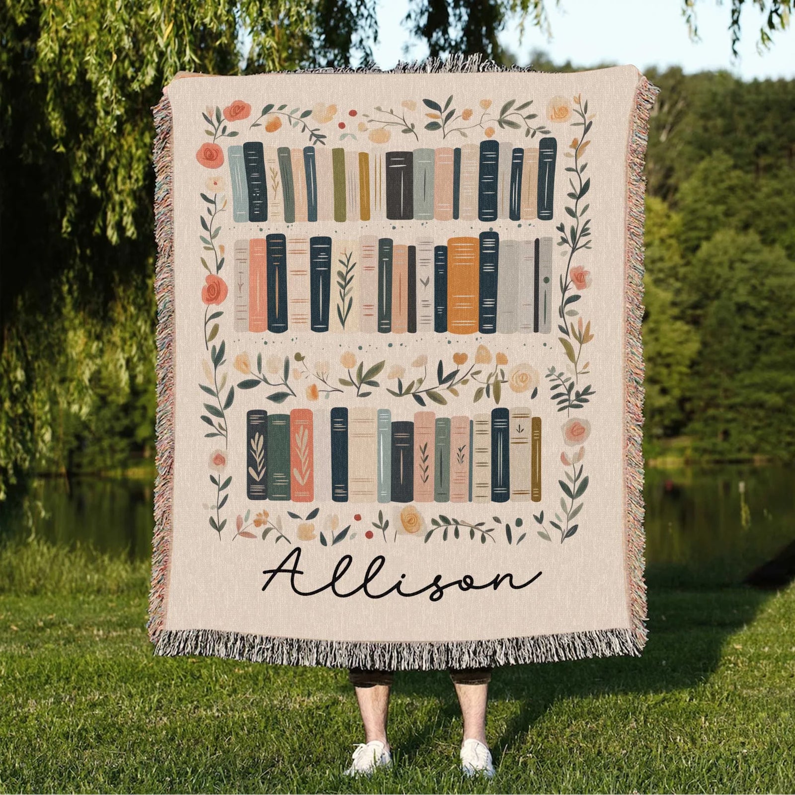 Custom Book Lovers Woven Blanket, Wildflowers Bookish Blanket, Bookshelf Blanket Gift for Bookworm, Gift for Booklover Woven Thow Blanket