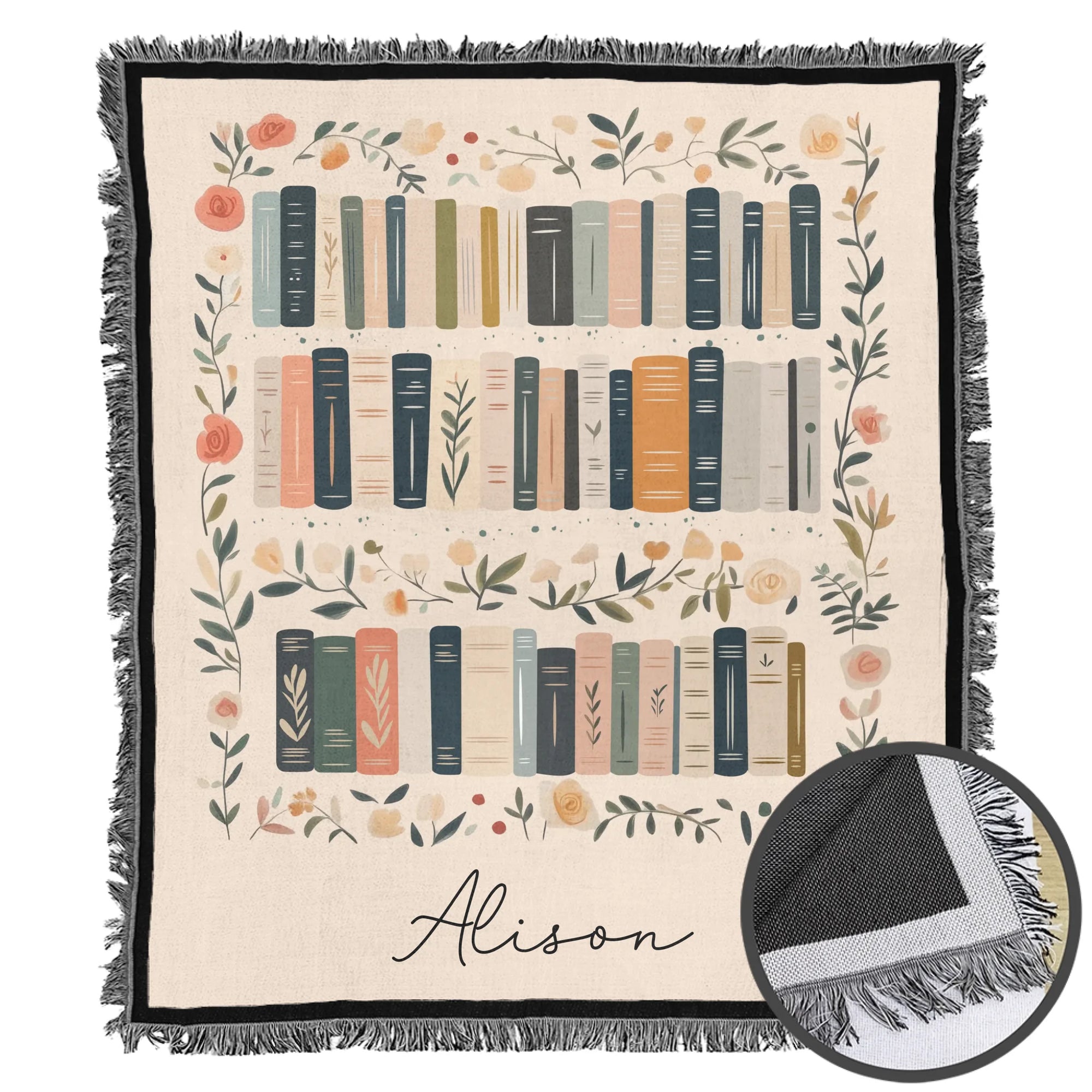 Custom Book Lovers Woven Blanket, Wildflowers Bookish Blanket, Bookshelf Blanket Gift for Bookworm, Gift for Booklover Woven Thow Blanket